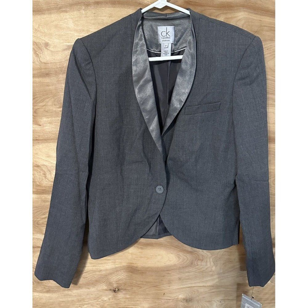 NWT CALVIN KLEIN PLATINUM GRAY WOOL BLEND BLAZER JACKET WITH SATIN COLLAR SZ 12